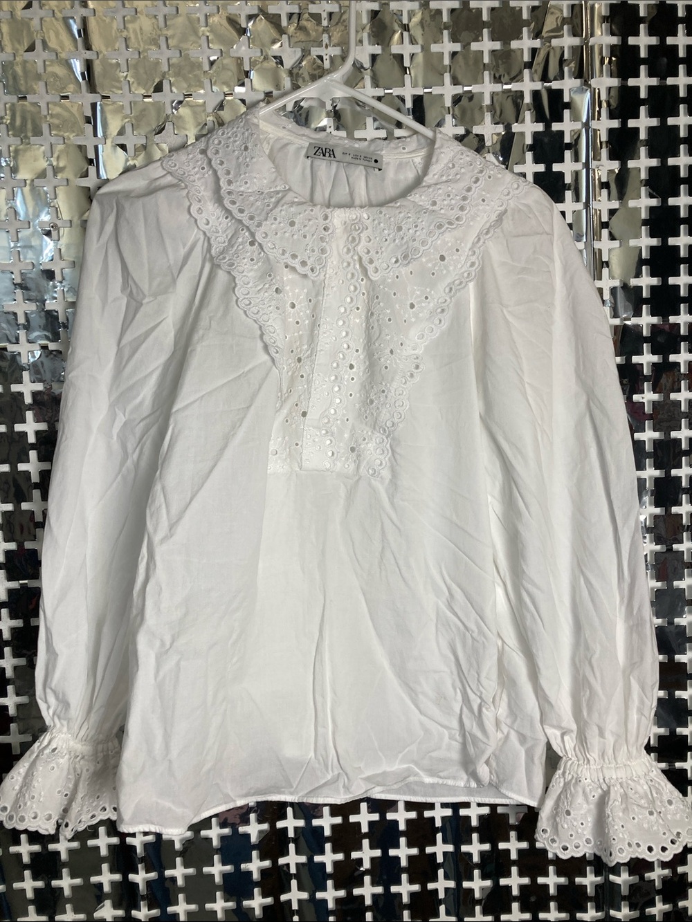 Zara White Eyelet Lace Ruffle Blouse